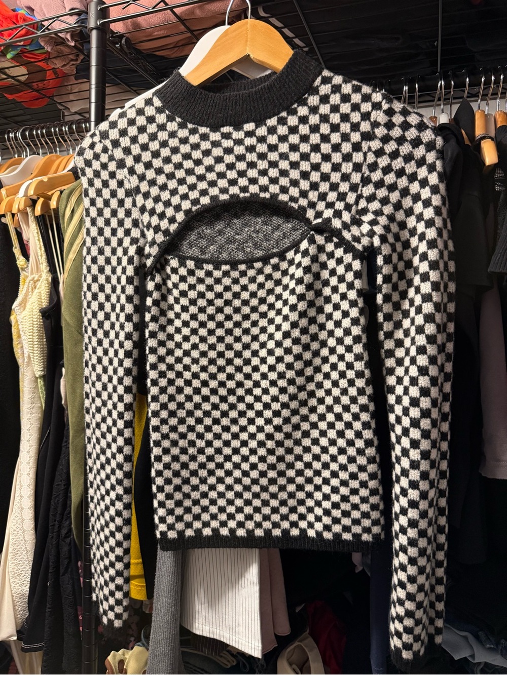 OAK + FORT Black and White Checker Cutout Crewneck Sweater